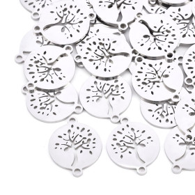 Pendentifs, Charms, Connecteur Médaillon Arbre 15 mm – Acier Inox Argenté