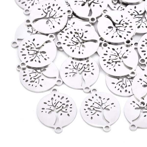 Pendentifs, Charms, Connecteur Médaillon Arbre 15 mm – Acier Inox Argenté
