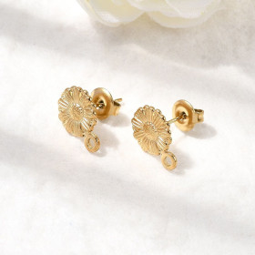 H11K30674G – Lot de 2 Boucles d'Oreilles Puces Fleur avec Attache 13 mm et Embouts Poussoirs – Acier Inox 304 Doré 18K, IONIQUE