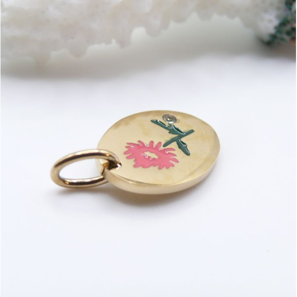 PS11958330 – Lot de 1 Pendentif Charm Médaillon Ovale Fleur de Naissance NOVEMBRE 14 mm – Acier Inox 304 Doré  18K –PVD IONIQUE