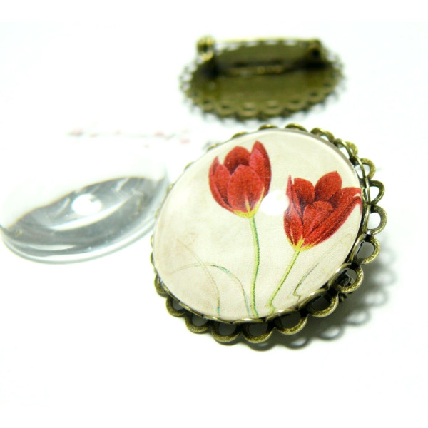 Supports Broche Double Vague 25mm Bronze + 5 Cabochons Verre 25mm