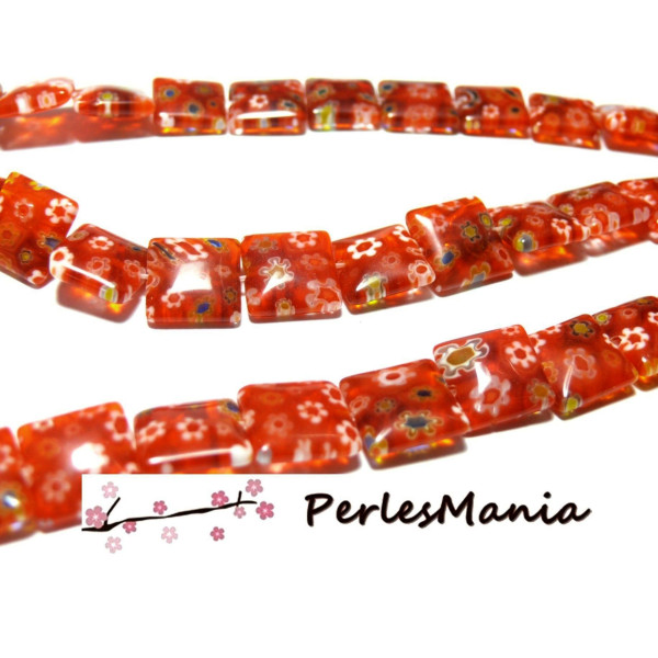 Perles Plates Carré Millefiori 12mm Orange Foncé