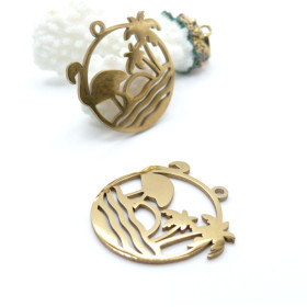 Pendentif Flamant Rose et Palmier « Summer » dans Cercle 30 mm – Acier Inoxydable Doré