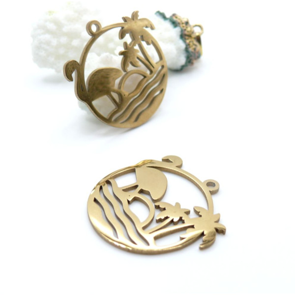 Pendentif Flamant Rose et Palmier « Summer » dans Cercle 30 mm – Acier Inoxydable Doré