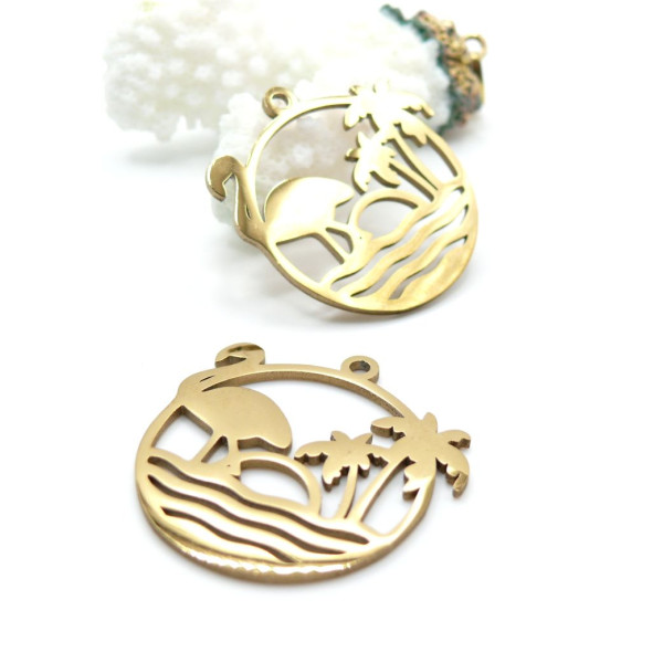 Pendentif Flamant Rose et Palmier « Summer » dans Cercle 30 mm – Acier Inoxydable Doré