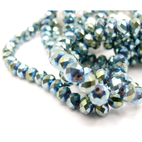 Perles Rondelles Verre Facettées  6 par 4 mm – Couleur Bleu Vert Irisé