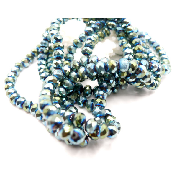 Perles Rondelles Verre Facettées  6 par 4 mm – Couleur Bleu Vert Irisé