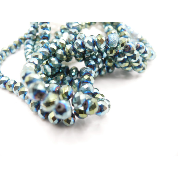 Perles Rondelles Verre Facettées  6 par 4 mm – Couleur Bleu Vert Irisé