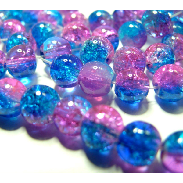 Perles de Verre Craquelées Bicolores Bleu et Rose 8 mm