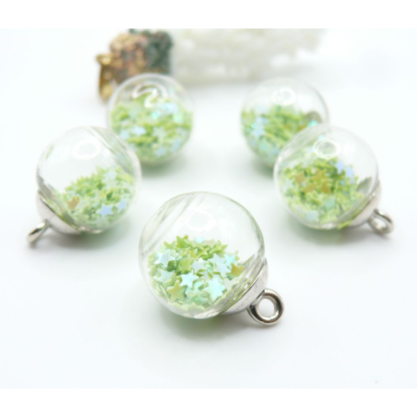 PS11102435 – Lot de10 Pendentifs charms Globe Bulle Verre Étoile Vert Pastel Socle Argent