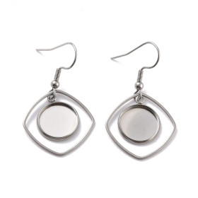 Supports de Boucles d'Oreilles Crochets Carrés pour Cabochons Ronds 12 mm – Acier Inoxydable Argent Platine