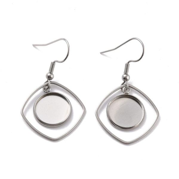 Supports de Boucles d'Oreilles Crochets Carrés pour Cabochons Ronds 12 mm – Acier Inoxydable Argent Platine