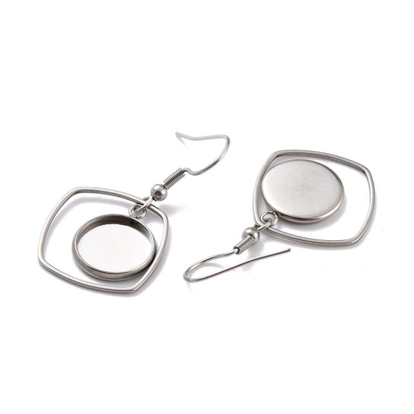 Supports de Boucles d'Oreilles Crochets Carrés pour Cabochons Ronds 12 mm – Acier Inoxydable Argent Platine