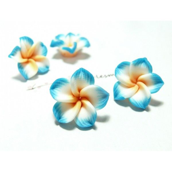2 fleurs cabochons  fimo bleu turquoise 20mm ref 2G3712 