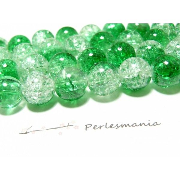 10 perles de verre craquelé bicolore 14mm vert   2G3970 
