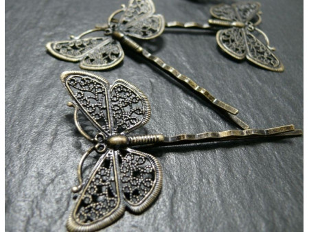 4 barrettes papillon GM Bronze