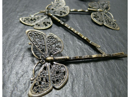 4 barrettes papillon GM Bronze