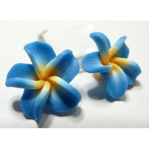 2 fleurs cabochons  fimo bleu 20mm
