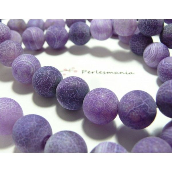2 perles Agate craquelé effet givre violet 12mm