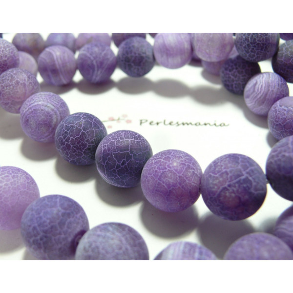 Perles forme Ronde 14mm, Agate craquelée effet givre violet