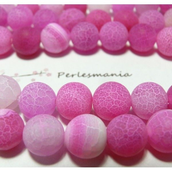 10 perles Agate craquelé  10mm effet givre rose fushia