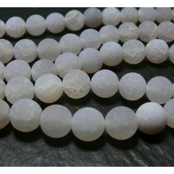 10 perles Agate craquelé  8mm effet givre blanc