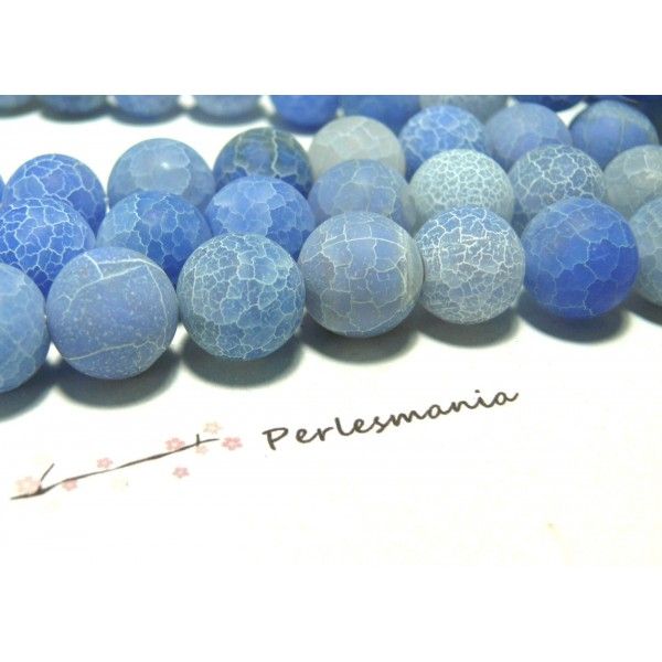 Apprêt bijoux 2 perles Agate craquelé effet givre14mm bleu 