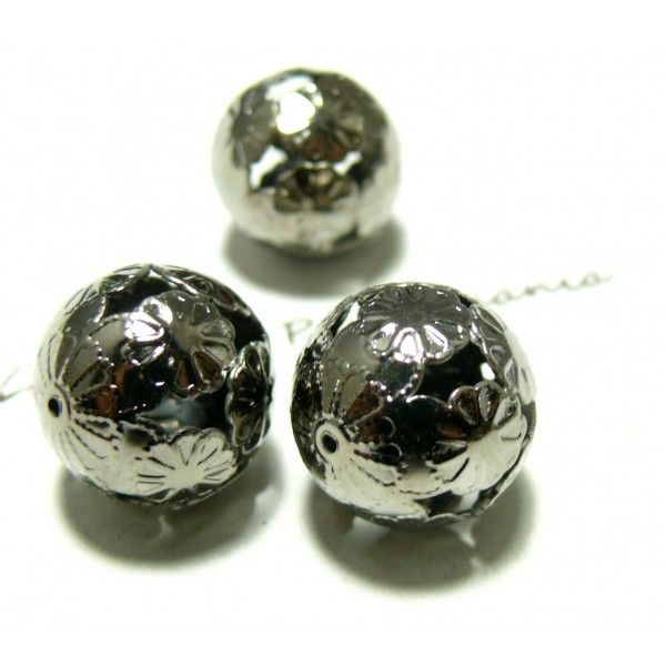 10 pieces perles ref P215A 16mm argent noir fleurs 