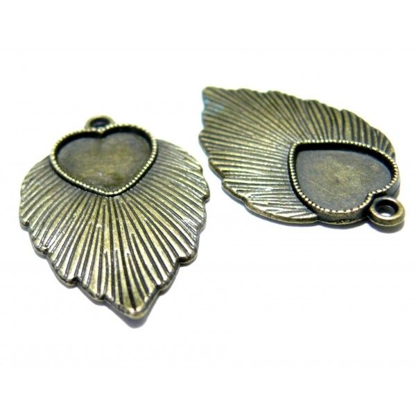 Apprêt bijoux 10 pendentifs 2D1437feuille coeur art déco Bronze 