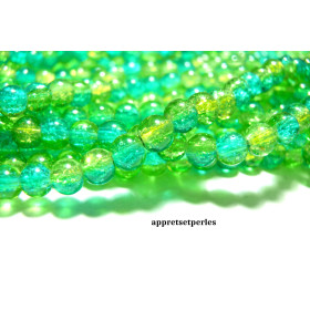 Perles de Verre Craquelé Bicolore Vert et Jaune, forme ronde 4mm