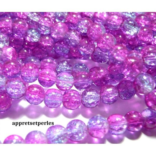 Offre spéciale: 1 fil environ 100 perles de verre craquelé bicolore rose et violet 8mm 