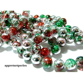Perles de Verre Craquelé 10mm Tricolore Vert Rouge Argent