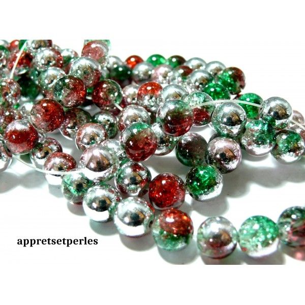 10 perles de verre craquelé 10mm ref PKL313 tricolore vert  rouge  argent 