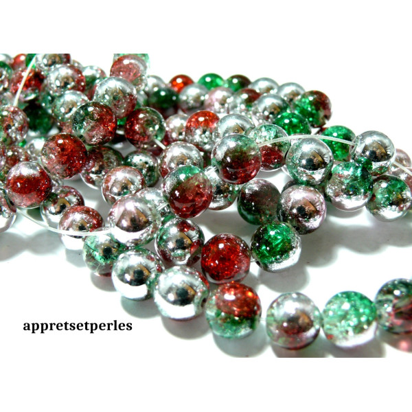 Perles de Verre Craquelé 10mm Tricolore Vert Rouge Argent