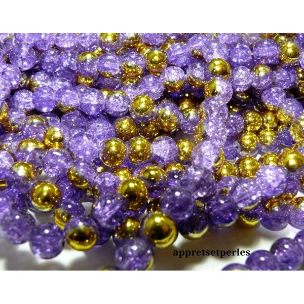 Offre spéciale: 1 fil environ 145 perles de verre craquelé bicolore violet et or 6mm PKL315 