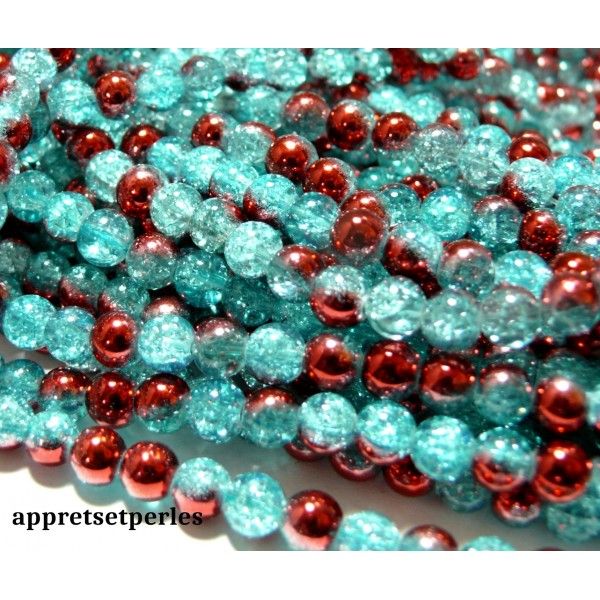 Offre spéciale: 1 fil environ 145 perles de verre craquelé bicolore Bleu et rouge 6mm PKL314 