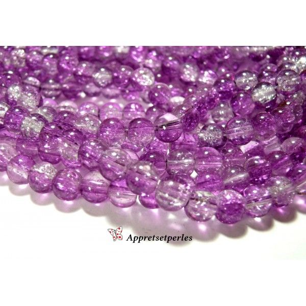 1 fil d'environ 100 perles de verre craquelé bicolore violet et blanc 8mm 2O5214 