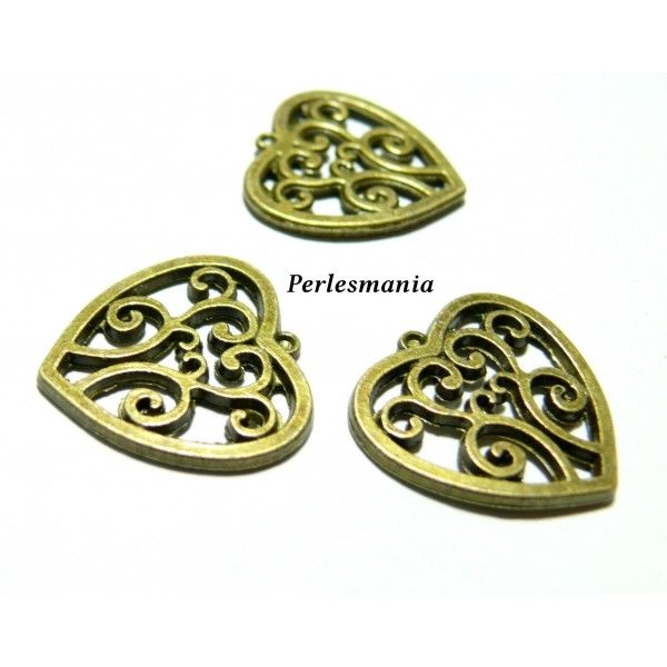 Fournitures pour bijoux: 10 pendentifs connecteur coeur Bronze arabesque 2D4710 