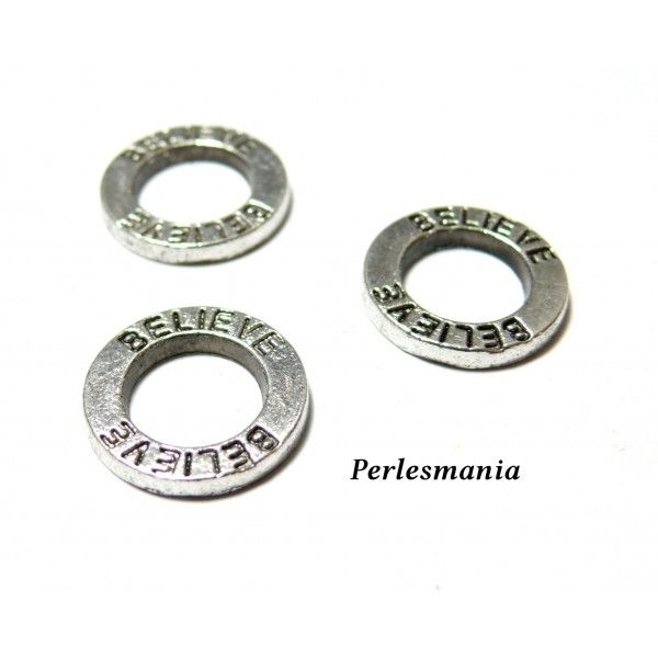 Apprêt pour bijoux: 10 pendentifs anneau rond message BELEIVE vieil argent 2B9804 