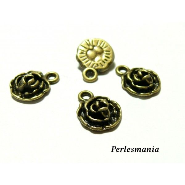 10 pendentifs fleur rose 3D BRONZE 2Y2113  fournitures pour bijoux 