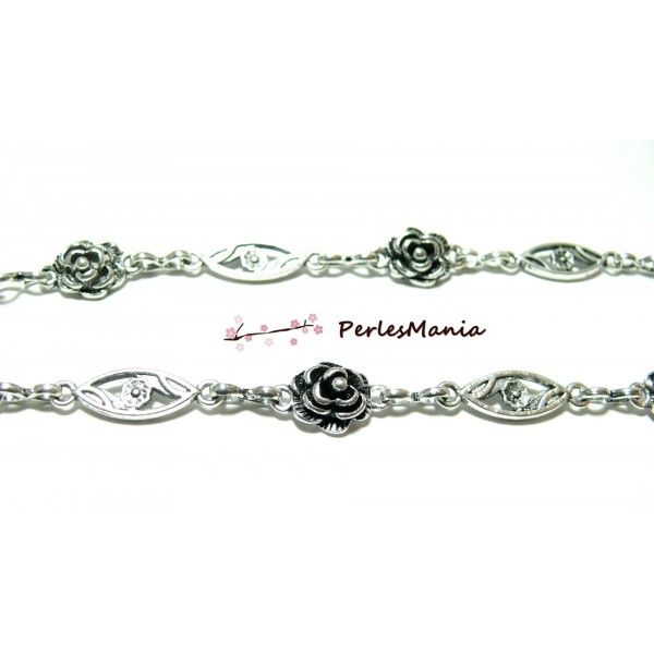 Magnifique chaine: 20 cm  chaine ovale et rose Vieil argent ref 26 