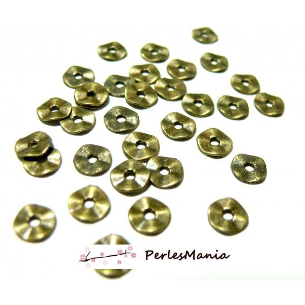 100 petites perles P101871 intercalaires plates martelées 7mm Bronze 