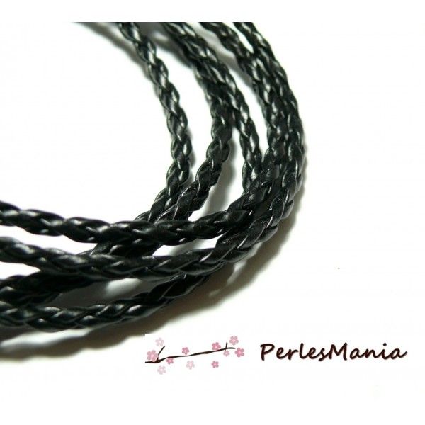 Apprêt bijoux 10 m fil tressé simili cuir  noir P5002 diamètre 3mm 
