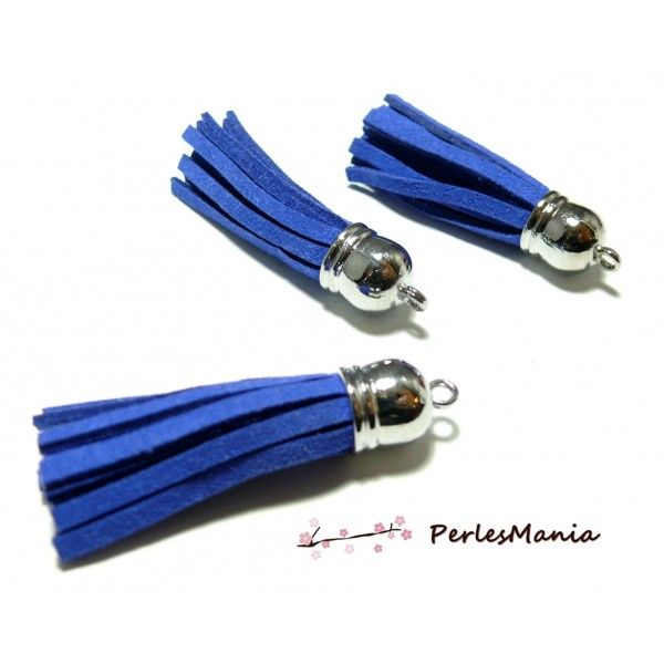 Apprêt mercerie 2 pompons passementière  bleu electrique embout argent platine PH0049 
