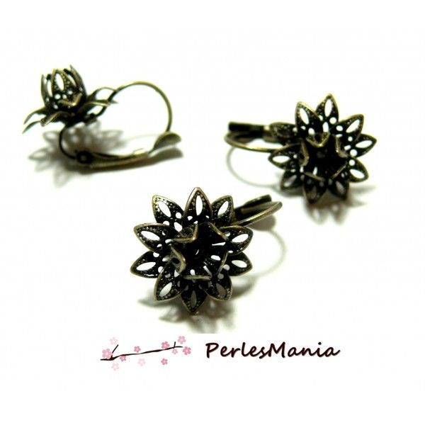 2 Supports de magnifique Boucle d'oreille fleur 3D dormeuse  Bronze  accessoire bijoux 