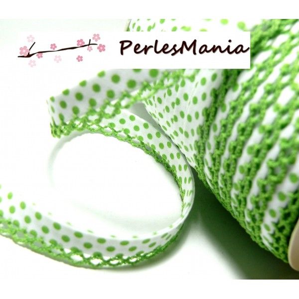 1 m ruban biais dentelle Pois vert clair et blanc 12mm ref 71486 couleur 456 