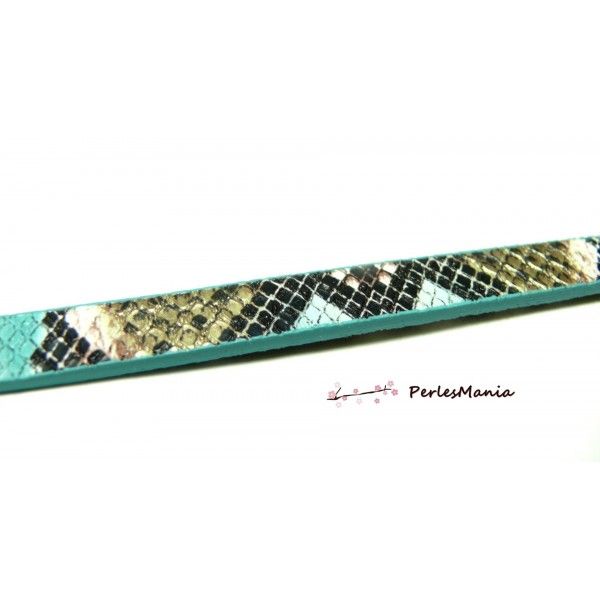 1,2m de cordon plat 10mm Imitation serpent  Turquoise et noir  H502 