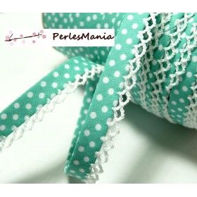 Cordon ruban biais dentelle Pois Vert lagon et blanc 12mm