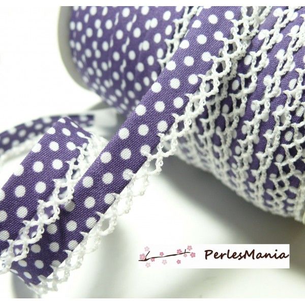 50cm cordon ruban biais dentelle Pois violet et blanc 12mm ref 71486 couleur 52 