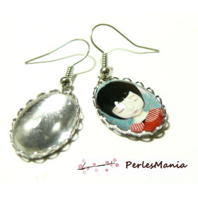 4 pièces: 2 Boucle d'oreille  crochet VAGUE 18 par 25mm ARGENT PLATINE ID27415 et 2 cab 